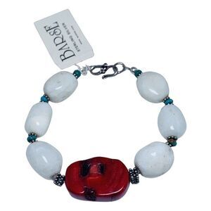 Barse White Druzy Red Coral 925 Sterling Sliver Bracelet 7" Bohemian Southwest